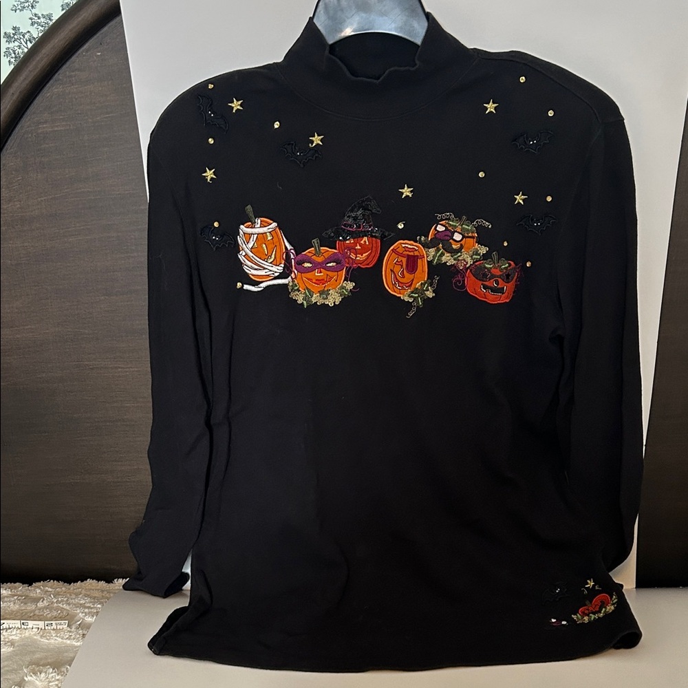 Karen Scott Black Mock Turtleneck Tunic with Halloween Motif